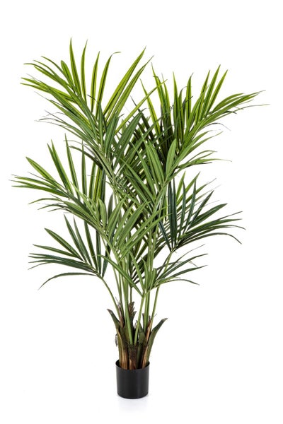 Künstliche Palme in schwarzem Topf mit grünen Blattwedeln