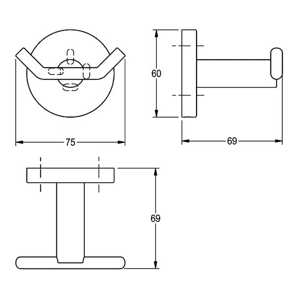 Technische Zeichnung eines Badezimmer-Doppelhakens mit Maßen: Breite 75 Millimeter, Höhe 60 Millimeter, Tiefe 69 Millimeter.