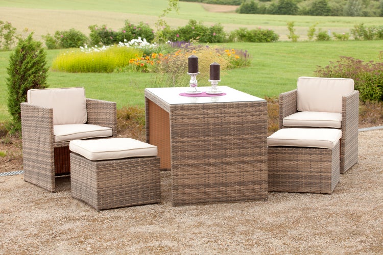 Merano Gartenmöbelset, 2 Sessel, 2 Hocker, 1 Tisch, inkl. Auflagen, natur