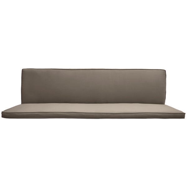 Taupefarbenes, zweiteiliges Set aus Sitzkissen und Rückenkissen für Gartenbänke oder Palettensofas aus robustem Textilgewebe.