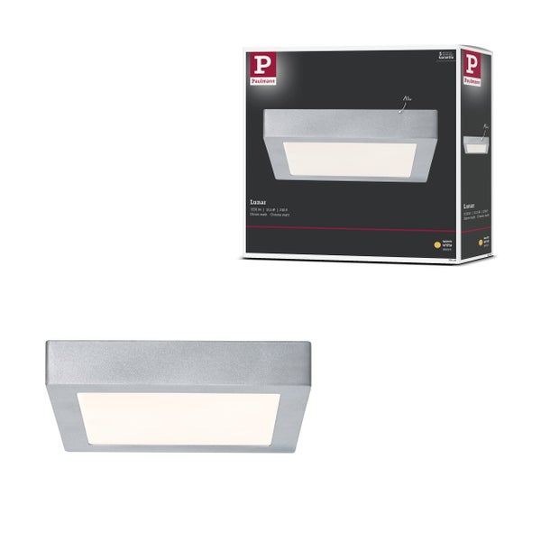 Quadratisches LED Panel Paulmann Lunar aus Aluminium in Chrom matt, 12,5 Watt, 1550 Lumen, warmweiß 3000 Kelvin, inklusive Verpackung.