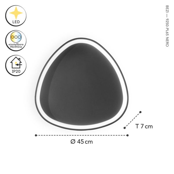 Moderne LED Deckenleuchte in Schwarz, Kieselform, Durchmesser 45 Zentimeter, Tiefe 7 Zentimeter, mit einstellbaren Weißtönen und Schutzart IP20.