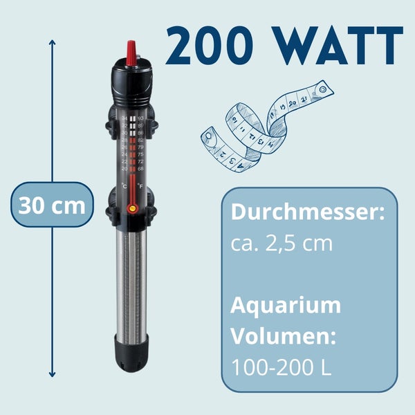 Aquarienheizer mit 200 Watt Leistung, 30 Zentimeter Länge und 2,5 Zentimeter Durchmesser, geeignet für Aquarien von 100 bis 200 Liter