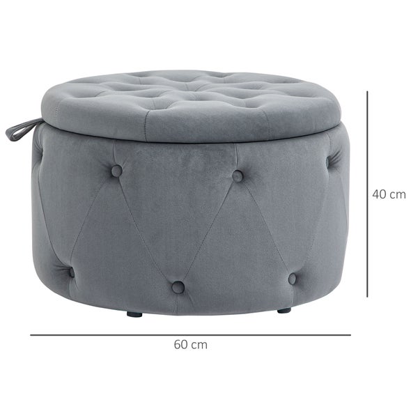 HOMCOM Sitzhocker mit Stauraum, Deckel, Runde Ottomane, für Wohnzimmer,  Ø60 x 40 cm, Samtoptik, Grau
