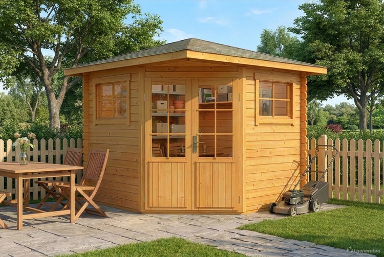 Eckgartenhaus aus Holz mit Doppeltüren und Fenstern im Garten mit Sitzgelegenheit und Rasenmäher auf einer Terrasse.