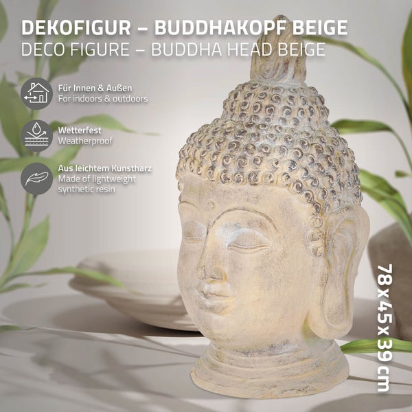 ECD Germany Buddha Figur 78 cm Beige/Grau, Kunststein Polyresin, Kopf Statue Skulptur Dekofigur Feng Shui Kunststeinfigur Dekoration Gartenfigur Asien Dekorationsobjekt Steinfigur, für Haus und Garten