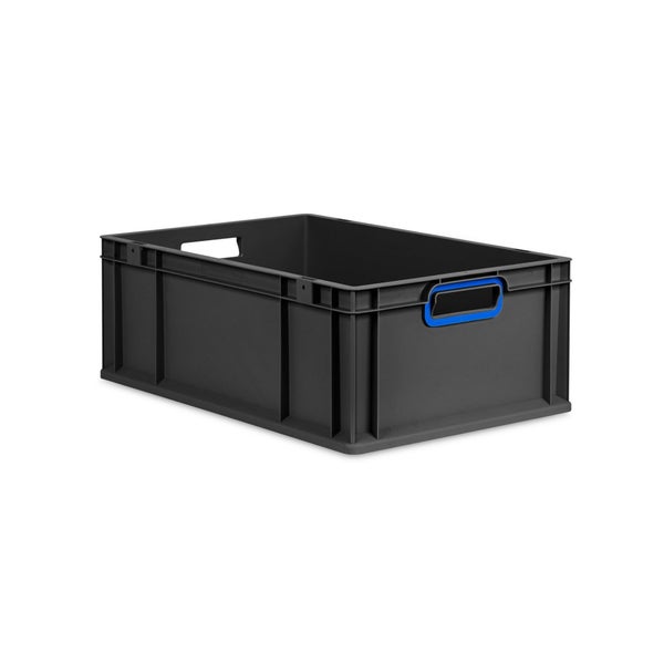 Eurobox NextGen Color, HxBxT 22x40x60cm, 44 Liter, Griffe blau offen, Verstärkter Boden, Schwarz, Eurobehälter, Transportbox, Transportbehälter, Stapelbehälter