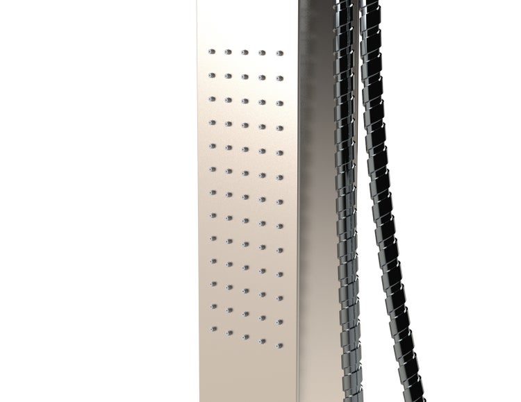 Duschpaneel mit integrierten Massagedüsen und flexiblem Brauseschlauch aus Metall.