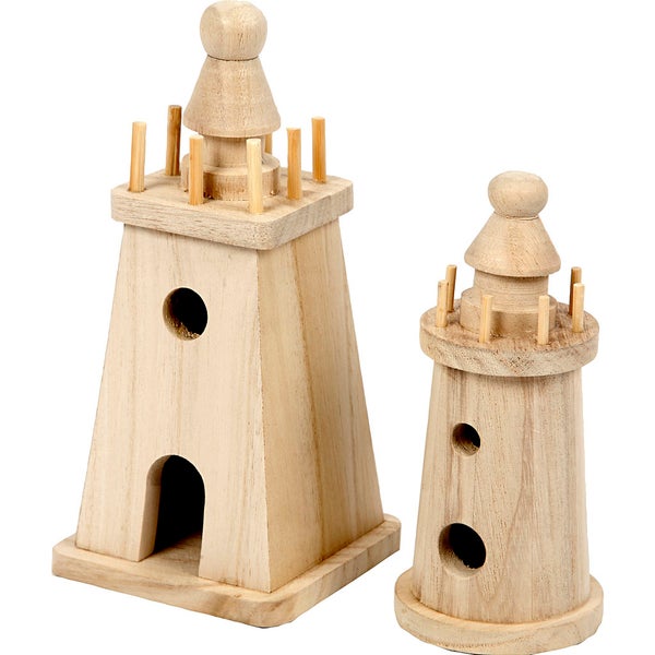 Zwei dekorative Leuchttürme aus Holz