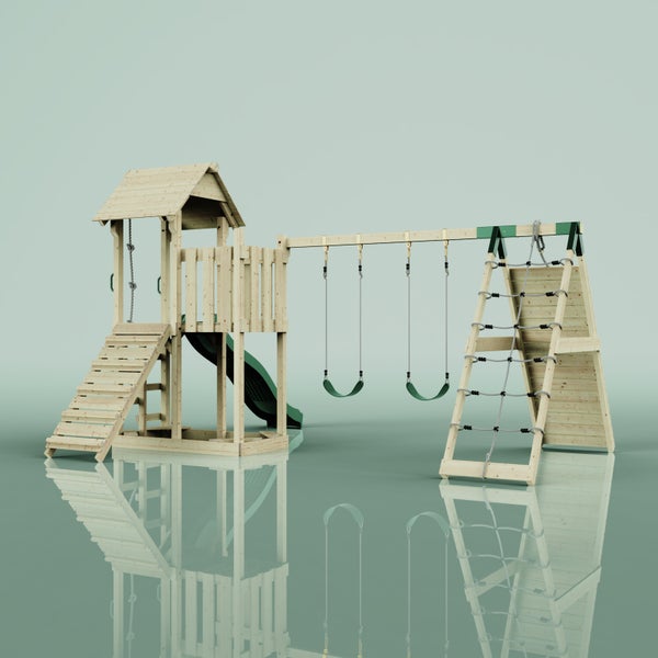 Spielturm mit Rutsche, Schaukeln und Kletterwand für den Garten