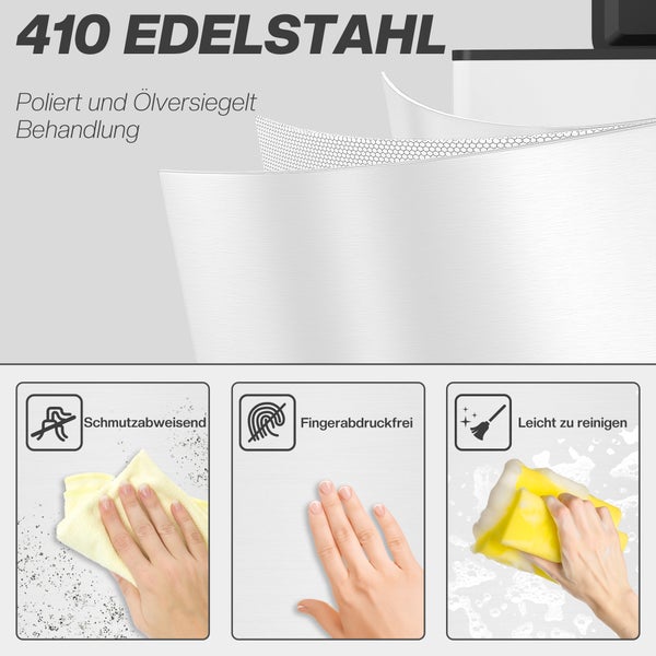 Infografik zu 410 Edelstahl mit polierter und ölversiegelter Oberfläche, schmutzabweisend, fingerabdruckfrei und leicht zu reinigen.