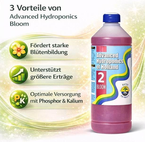 Advanced Hydroponics Bloom Flüssigdünger. Vorteile: fördert Blütenbildung, unterstützt höhere Erträge, optimale Versorgung mit Phosphor und Kalium.