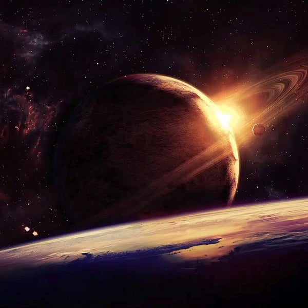 Fototapete mit einer Weltraumszene, Planeten mit Ringen und Sternen.