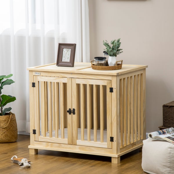 Pawhut Hundekäfig, Tierkäfig aus Holz, Haustierkäfig für mittelgroße Hunde, Hundehütte mit Kissen, Hundebox, Indoor, Naturholz+Cremeweiß, 82,5 x 57 x 72 cm