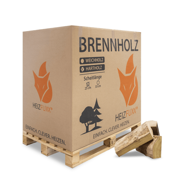 Brennholz in Kartonverpackung auf einer Palette mit Heizfuxx Logo