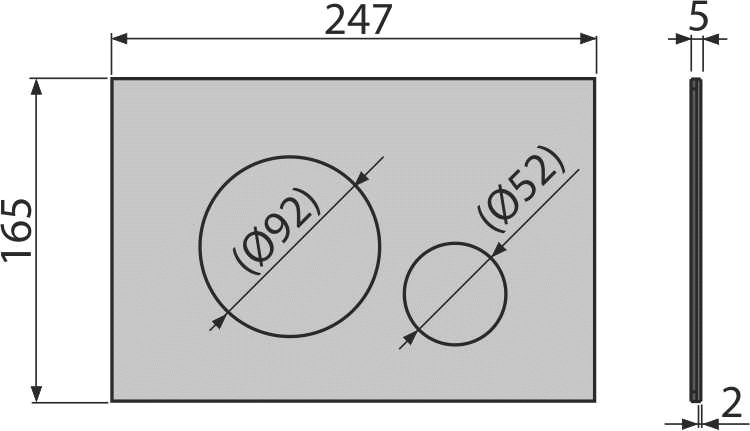 Maßzeichnung einer rechteckigen Betätigungsplatte mit zwei runden Tasten. Breite 247 Millimeter, Höhe 165 Millimeter, Durchmesser 92 und 52 Millimeter.
