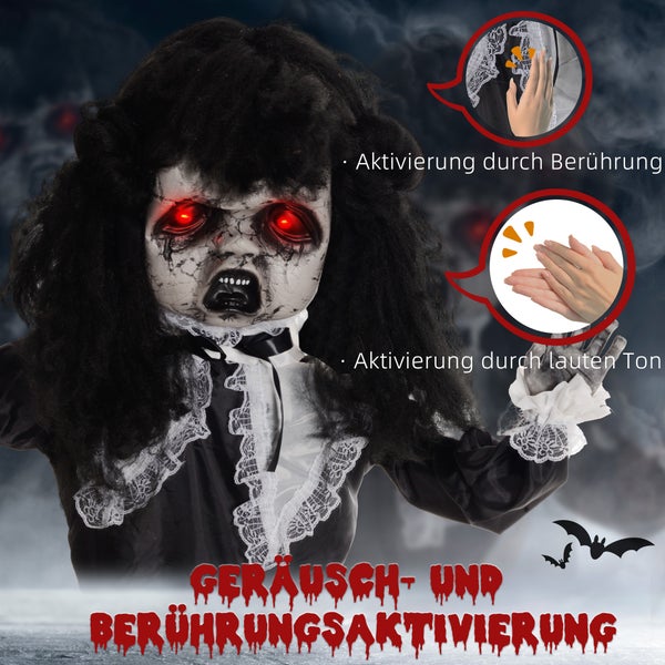 HOMCOM 160cm Halloween Dekoration Geisterpuppe mit LED-Lichter, Soundfunktion, Haustür Deko mit verstellbare Arme, Garten Dekofigur in Lebensgröße für Party