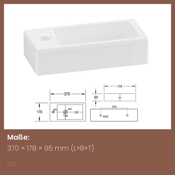 EMKE Waschbecken Keramik 370 × 178 mm, Rechteck, glänzend Weiß, Höhe 95 mm, mit Bohrung links für Wasserhahn, Wandmontage, für Badezimmer und Gäste-WC, Handwaschbecken, Wandwaschbecken