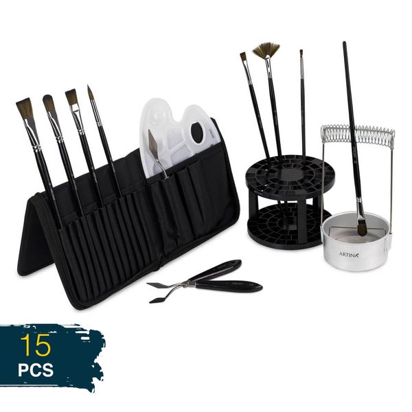 Artina Kunstmaler Set 15 teilig mit Pinseln, Mischpalette, Spachtel, Pinselhalter und Reinigungshilfe.