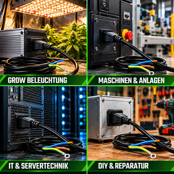 Ein Netzanschlusskabel mit Kaltgerätestecker und offenen Aderenden für Anwendungen in Beleuchtung, Industrie, IT, Servertechnik und Reparatur.