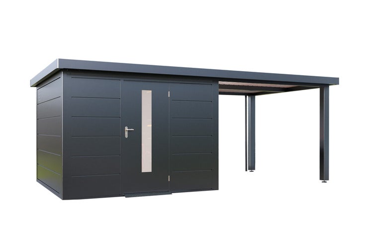 Gerätehaus aus Metall mit integriertem Carport, moderne Konstruktion mit Pultdach und einflügeliger Tür mit Glaseinsatz.