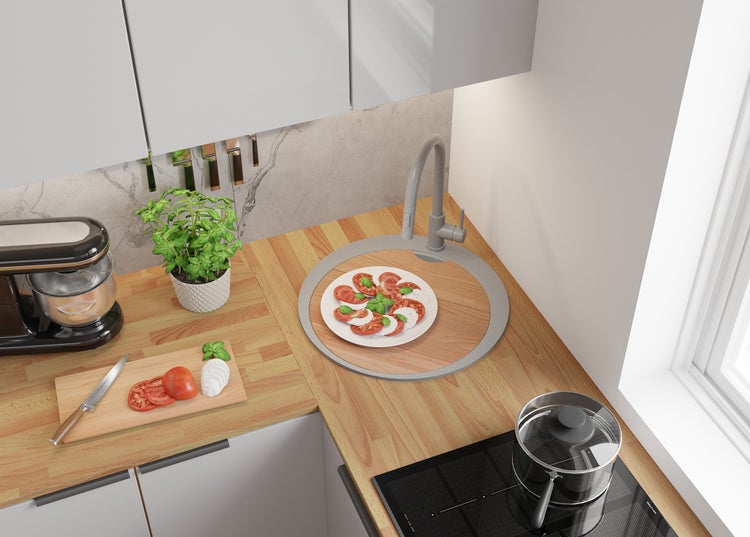 PRIMAGRAN Spülbecken Rund Grau 53x53cm, Granitspüle 1 Becken + Ablauf-Set + Schneidebrett, Küchenspüle ab 50er Unterschrank - Pisa Max