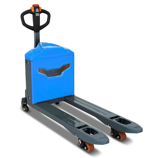 Blauer HanseLifter Elektro-Hubwagen mit Deichselsteuerung und grauen Gabelzinken.