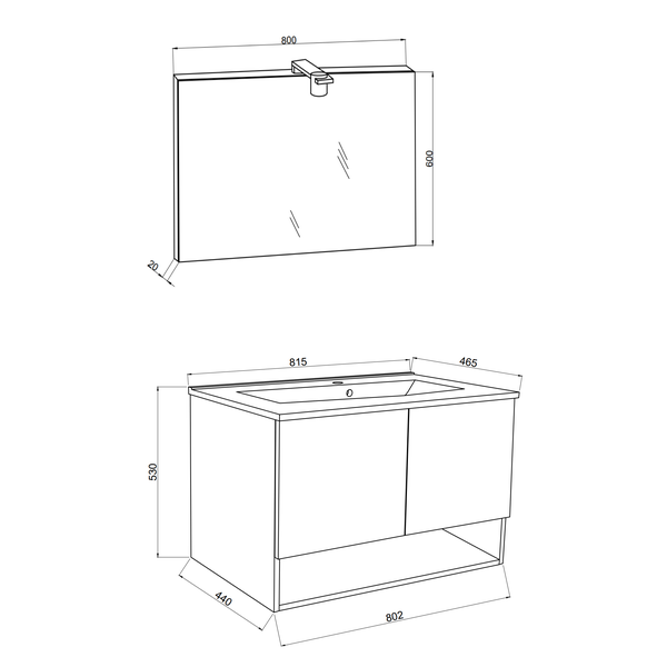 Skizze eines Waschtischsets mit Unterschrank und Spiegel mit den entsprechenden Massen.