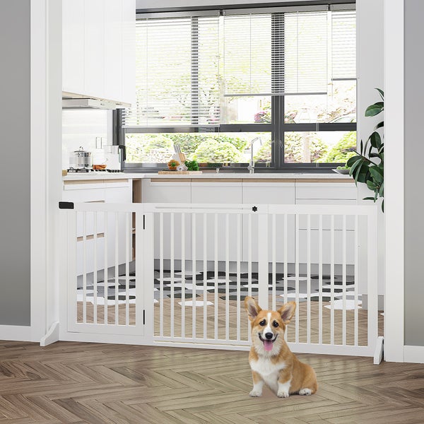 PawHut Absperrgitter Hunde Türschutzgitter Schutzgitter aus Holz Freistehendes Hundegitter mit Tür Hundeabsperrgitter Konfigurationsgitter für Kamin & Ofen Weiß 113-166 x 36 x 71 cm