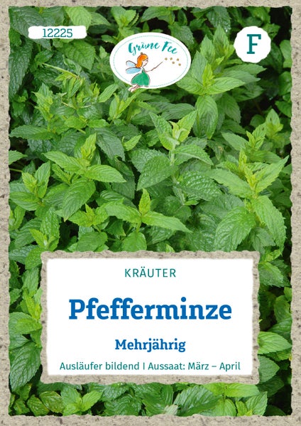 Samentüte für mehrjährige Pfefferminze, Grüne Fee Logo, Abbildung dichter grüner Blätter, Aussaat von März bis April.