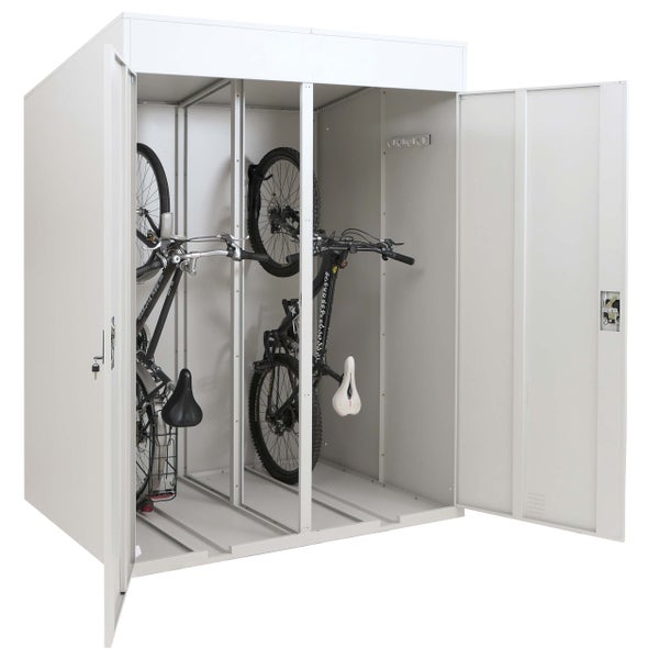 Fahrradbox aus Metall für die vertikale Lagerung von zwei Fahrrädern, mit geöffneten Türen und Innenhaken.