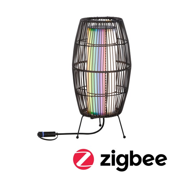 Dekorative Leuchte mit Rattan-Schirm und Zigbee Logo.