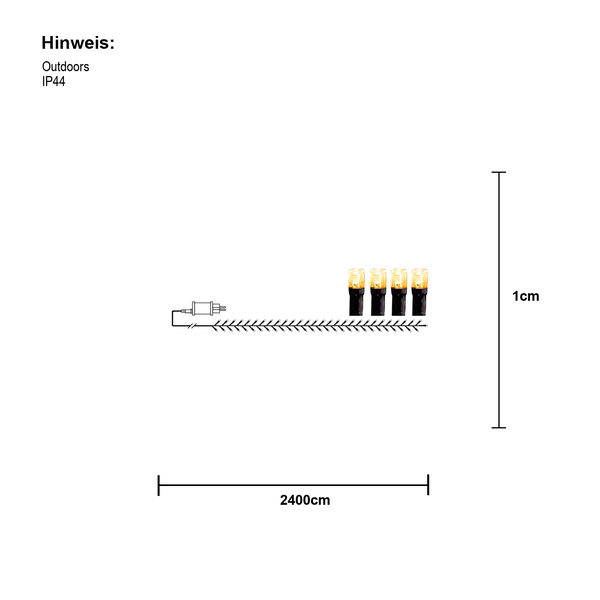 Abmessungen einer Lichterkette mit Stecker, geeignet für den Außenbereich, Schutzart IP44, Länge 2400 cm