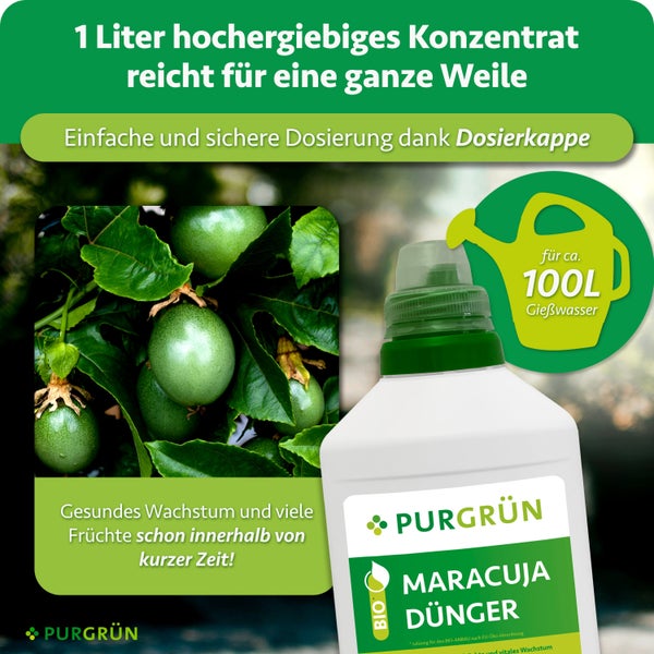 Purgrün Maracuja Dünger Konzentrat 1 Liter Flasche mit Dosierkappe für gesundes Pflanzenwachstum.
