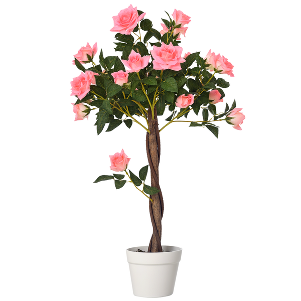 Künstlicher Rosenbaum mit rosa Blüten in weißem Topf
