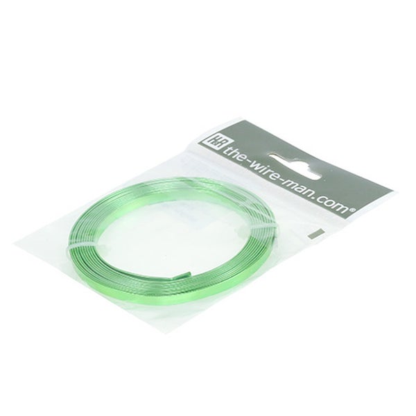 Grüner Flachdraht aus Aluminium in einer transparenten Kunststoffverpackung mit the-wire-man.com Logo