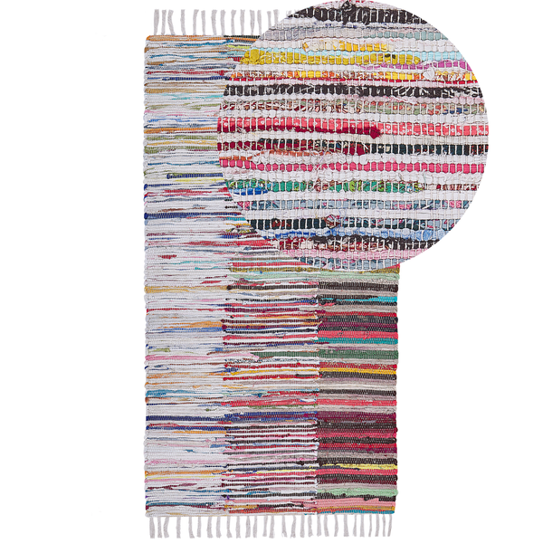 Bunter Flickenteppich mit Querstreifen und Fransen, inklusive Detailansicht der gewebten Textur.