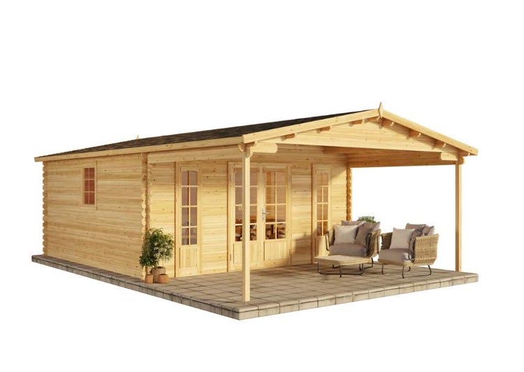 Alpholz Gartenhaus Nyborg-44 ISO Gartenhaus aus Holz in natur, Holzhaus mit 44 mm Wandstärke inklusive Terrasse, Blockbohlenhaus mit Montagematerial imprägniert 5x8m