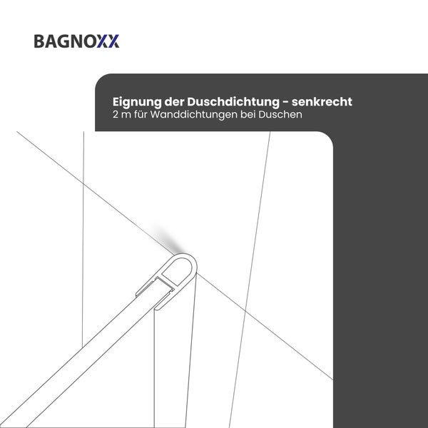 Bagnoxx Logo. Illustration zur Eignung der Duschdichtung senkrecht, 2 Meter für Wanddichtungen bei Duschen.