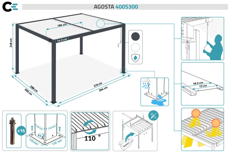 Agosta 400S300 Terrassenüberdachung mit Maßangaben
