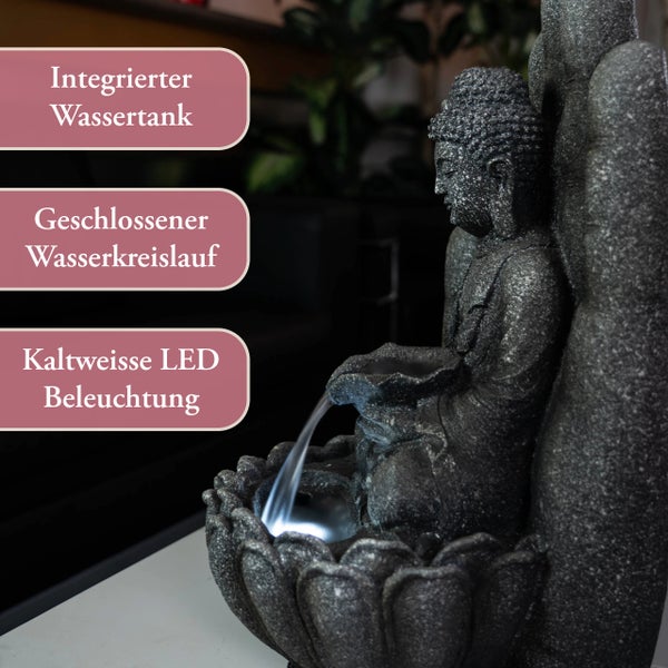 Buddha-Zimmerbrunnen mit integriertem Wassertank, geschlossenem Wasserkreislauf und kaltweißer LED-Beleuchtung.