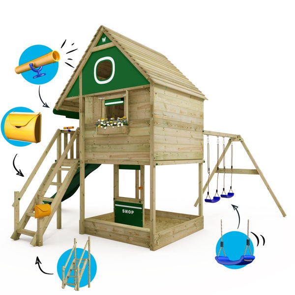 Schlafzimmer mit Bett, Nachttisch und Hocker mit Felloptik