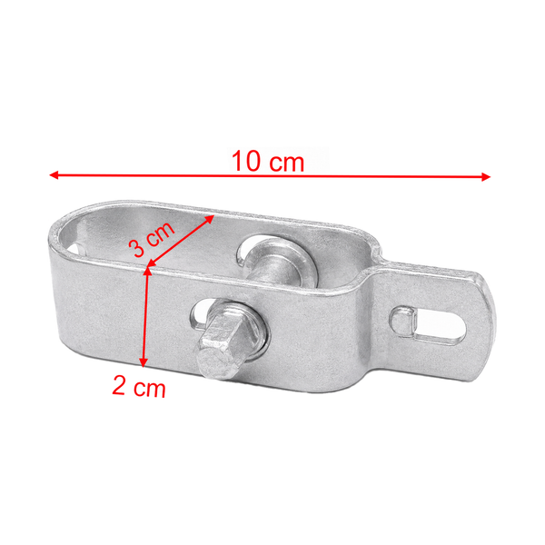 Drahtspanner aus verzinktem Metall mit Maßen 10 Zentimeter Gesamtlänge, 3 Zentimeter Breite und 2 Zentimeter Höhe.