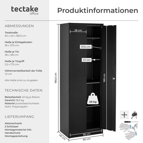 Tectake office Aktenschrank aus pulverbeschichtetem Stahl mit Maßen 60 mal 40 mal 180,5 Zentimeter und 40 Kilogramm Belastbarkeit je Ebene.