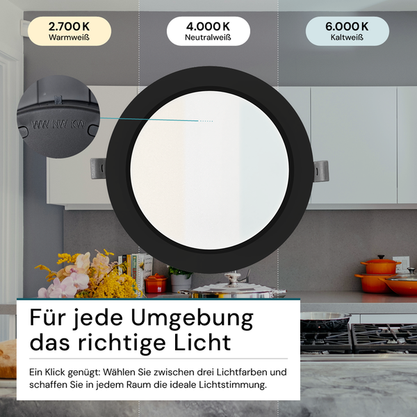 Deckeneinbaustrahler mit verschiedenen Farbtemperaturen zur Auswahl für die Beleuchtung