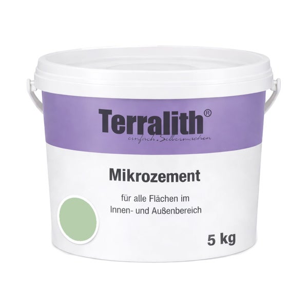 Terralith Mikrozement im 5 Kilogramm Eimer für alle Flächen im Innen- und Außenbereich.