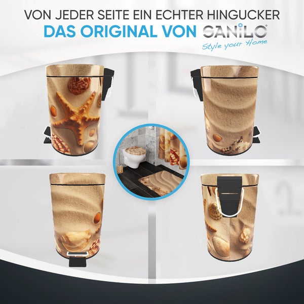Sanilo Tretabfalleimer mit Strand- und Muschelmotiv in vier Ansichten sowie in einer Badezimmerszene mit passendem Zubehör. Sanilo Logo.