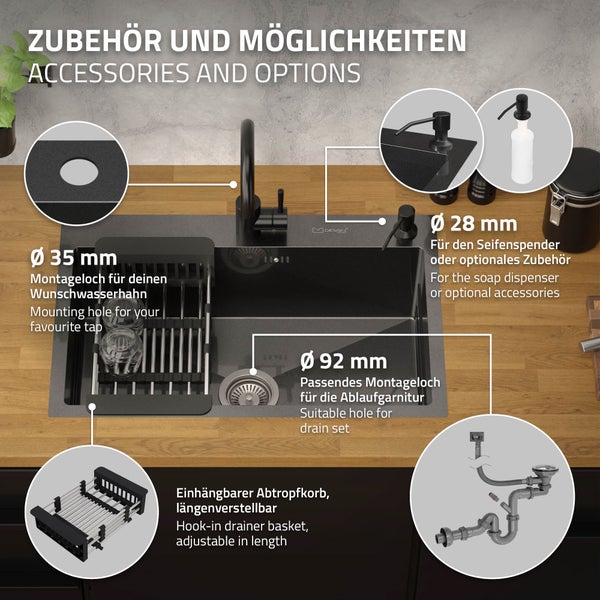 ML-Design Spülbecken Edelstahl 68x45 cm Anthrazit, Küchenspüle 1 Becken Einbauspüle, Edelstahlspüle mit Ab- und Überlaufgarnitur, Abtropfkorb, Seifenspender, Einzelbecken mit Siphon, Waschbecken Küche