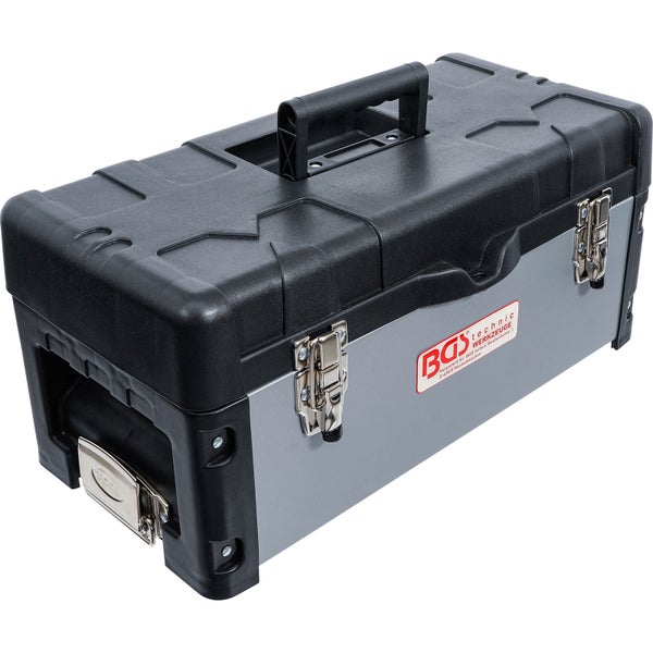 Graues und schwarzes BGS Technic Werkzeugkoffer-Modul für Werkstattwagen-System mit Tragegriff, Metallverschlüssen und BGS Technic Logo.