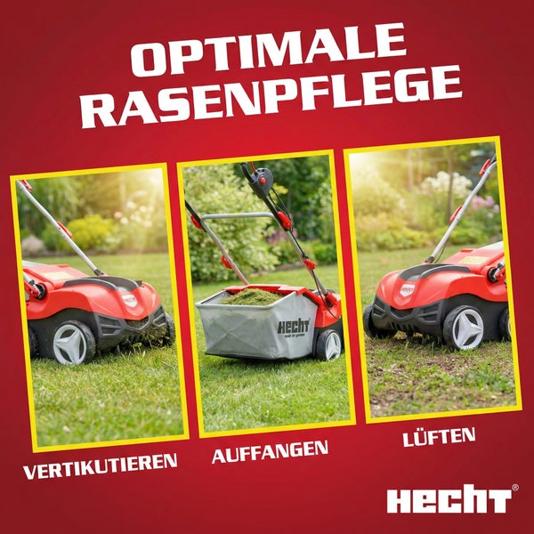 Illustration von Hecht Rasenpflegegeräten für Vertikutieren, Auffangen und Lüften.